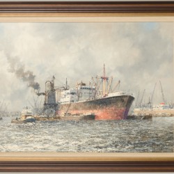 M. de Jongere (pseudoniem voor Martinus Drulman) (Amsterdam 1912 - 1977 Rotterdam), Een vrachtschip wordt geladen in de Maashaven met behulp van een stoom graanelevator