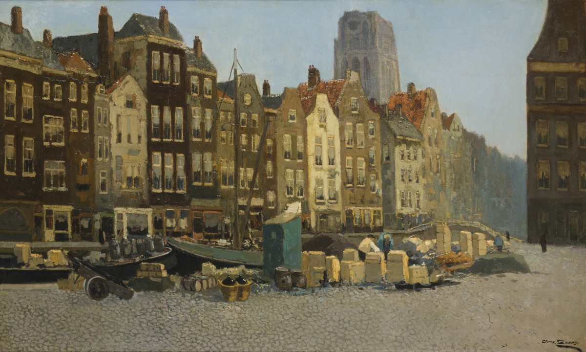 Chris Soer (Den Haag 1882 - 1961), Gezicht op oud Rotterdam met de St. Laurenstoren.