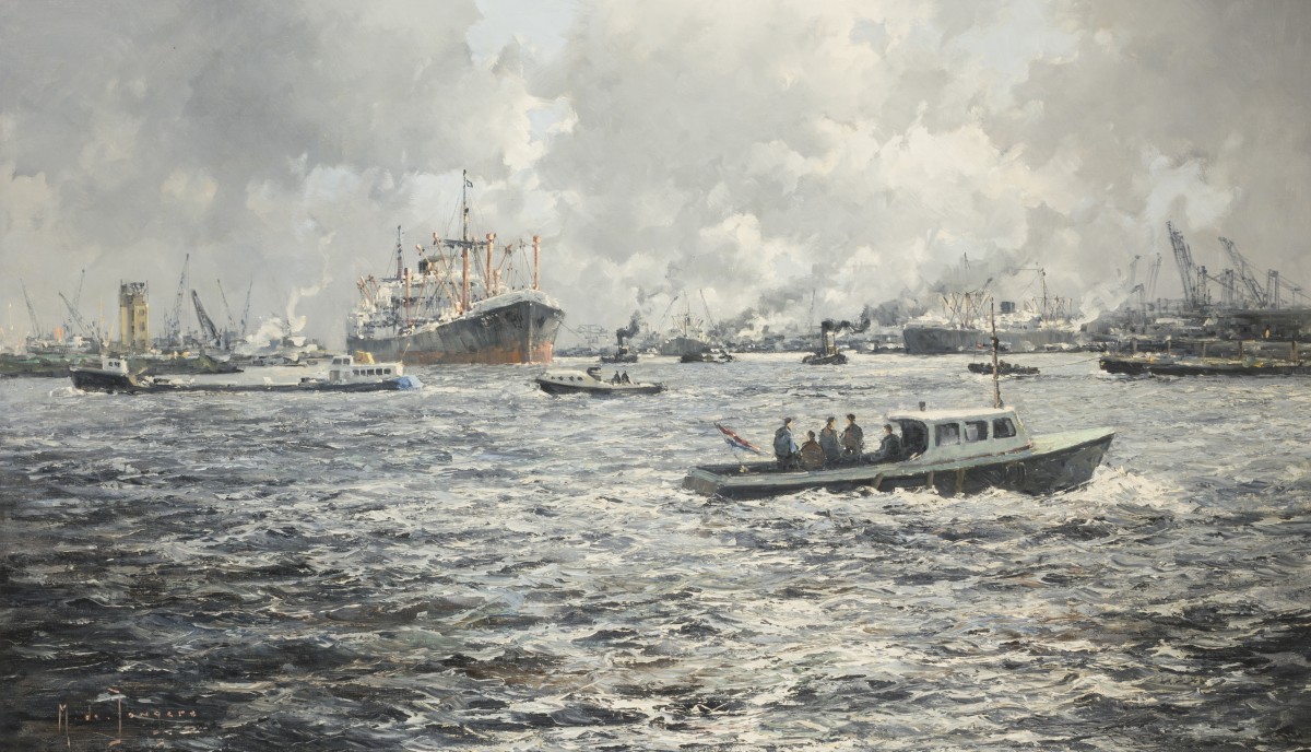 M. de Jongere (pseudoniem voor Martinus Drulman) (Amsterdam 1912 - 1977 Rotterdam), "Ingang Waalhaven"-Activiteiten in de Rotterdamse haven, een werkboot op de voorgrond.