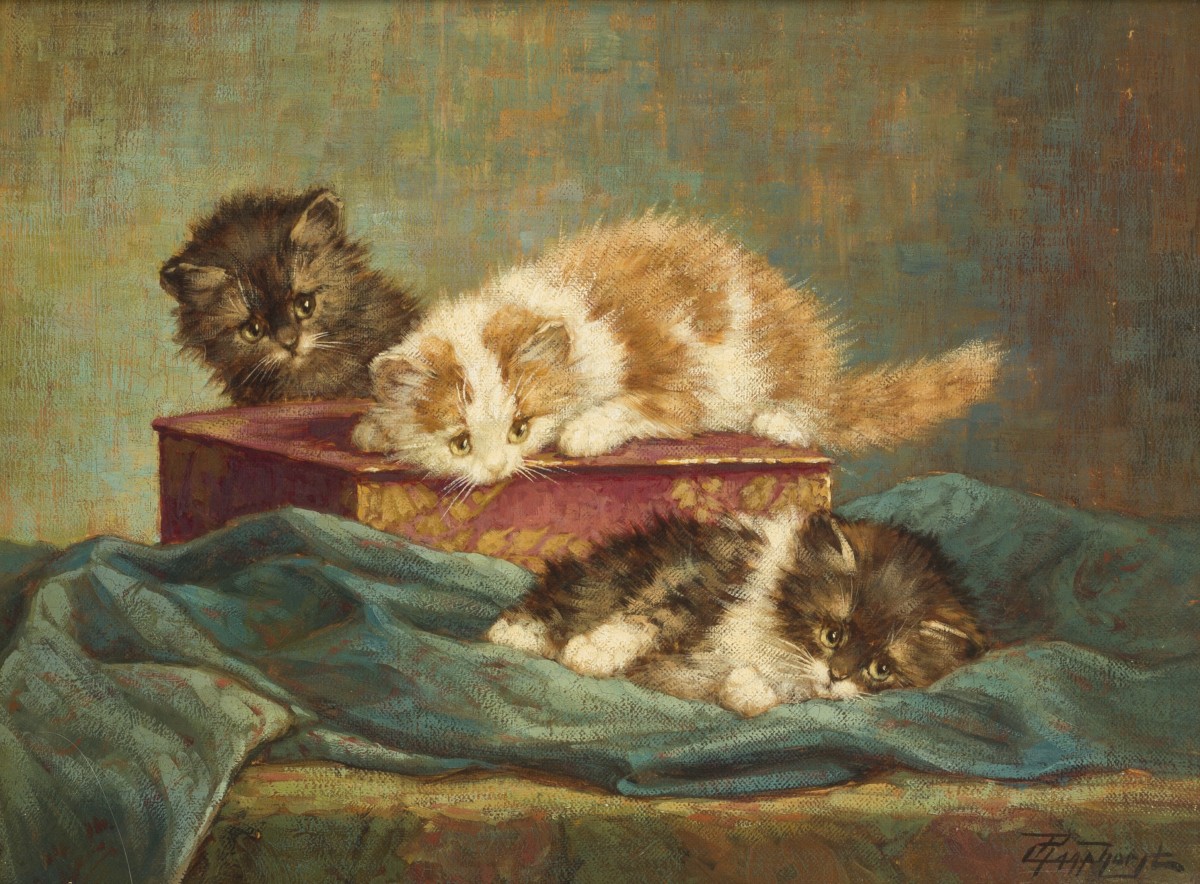 Cornelis Raaphorst (Nieuwkoop 1875 - 1964 Wassenaar), Kittens op een Japanse doos.