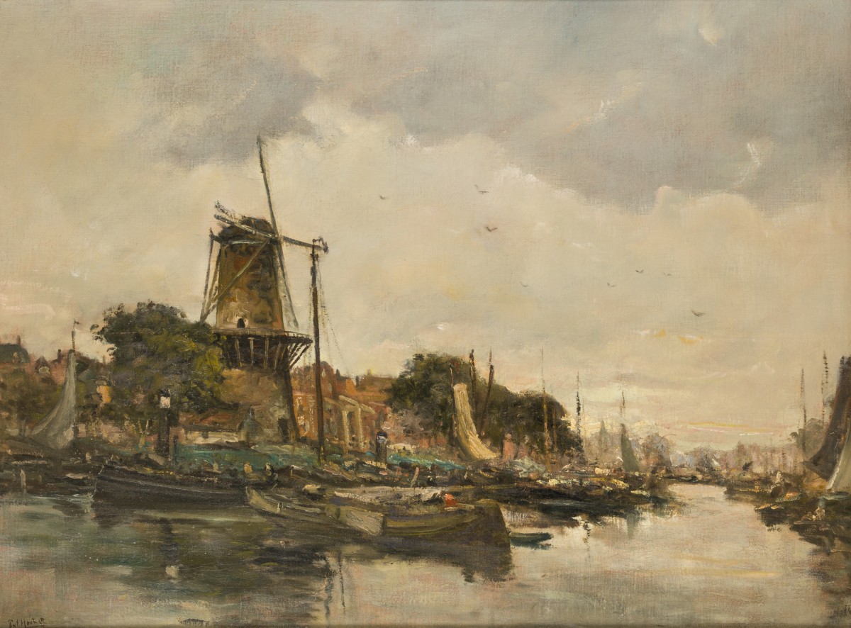 Piet in 't Hout (Den Haag 1879 - 1965), Gezicht op de Nieuwe Haven met molen Schiedam.