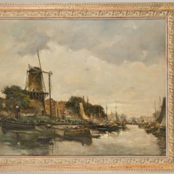 Piet in 't Hout (Den Haag 1879 - 1965), Gezicht op de Nieuwe Haven met molen Schiedam.