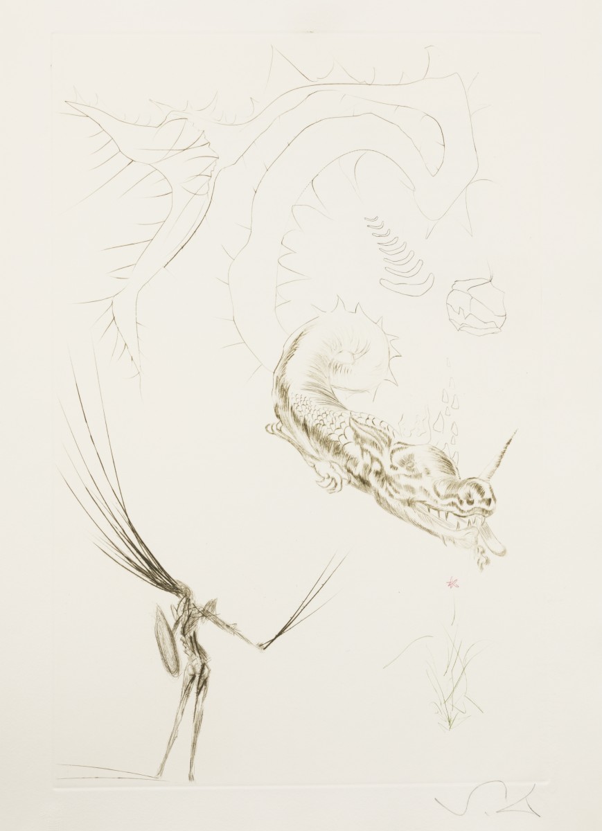 Salvador Dali (Figueres 1904-1989), Tristan en de draak, afkomstig uit het Duitstalige portfolio "Tristan und Isolde", 1969.