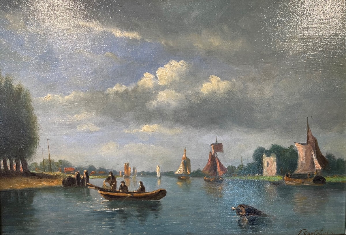 François Carlebur van Dordrecht (1821-1893) (toegeschreven aan), Scheepvaart op een rivier in een zomers landschap.