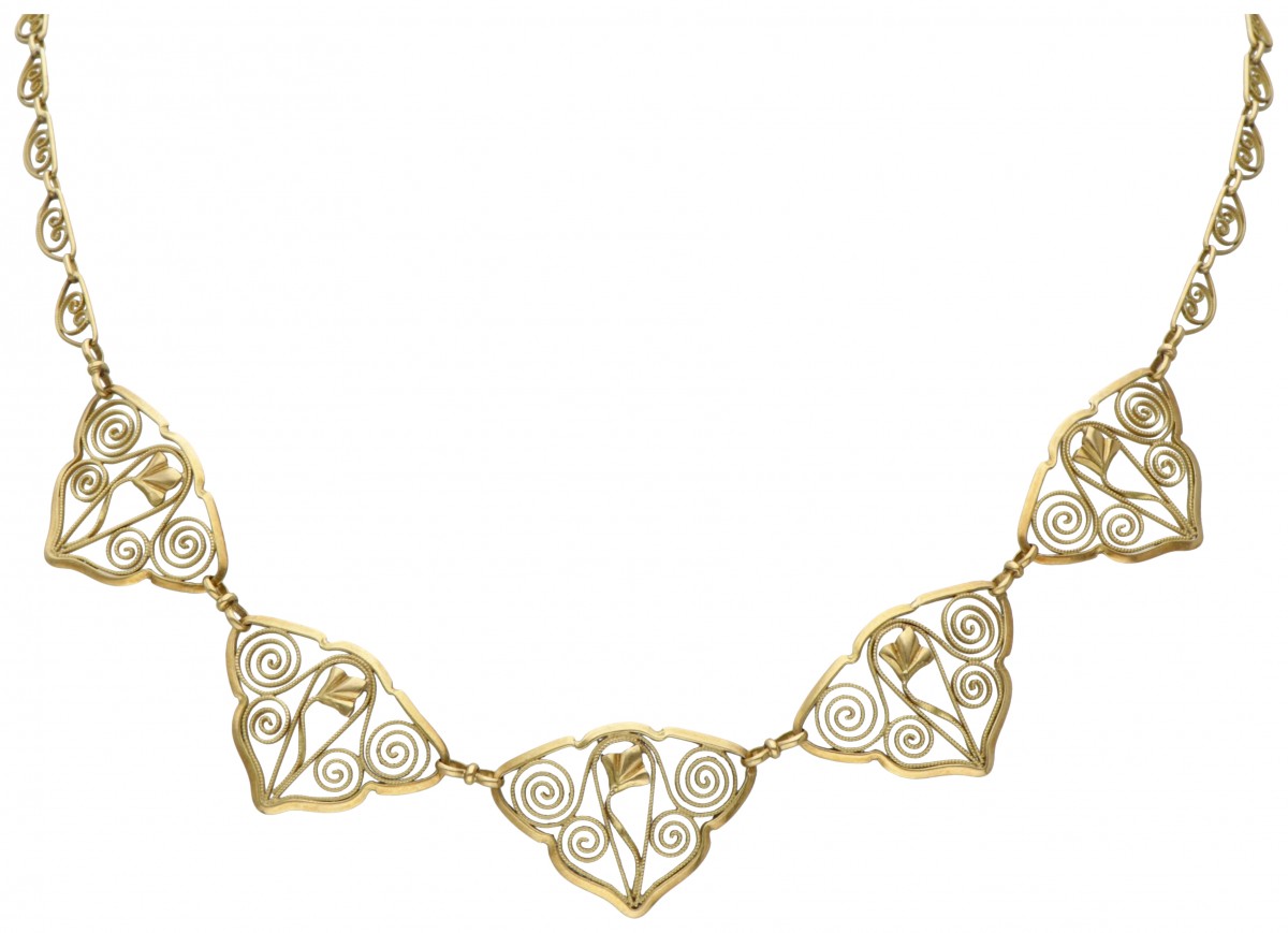 18 kt. Geelgouden art nouveau filigrain schakel collier.