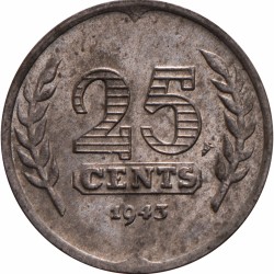 25 cent. Wilhelmina. 1943. UNC.