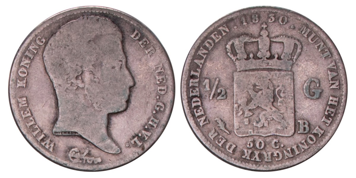 ½ gulden. Willem I. 1830 B. Fraai.