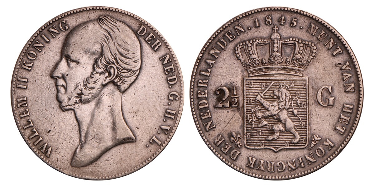 2½ gulden. Willem II. 1845 met streep. Zeer Fraai -.