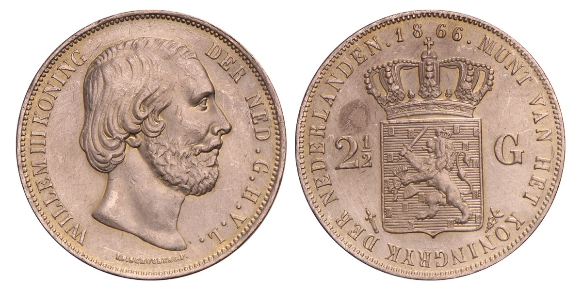 2½ gulden. Willem III. 1866. Prachtig -.