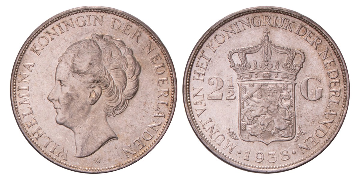 2½ gulden. Wilhelmina. 1938 Grofhaar. Prachtig.