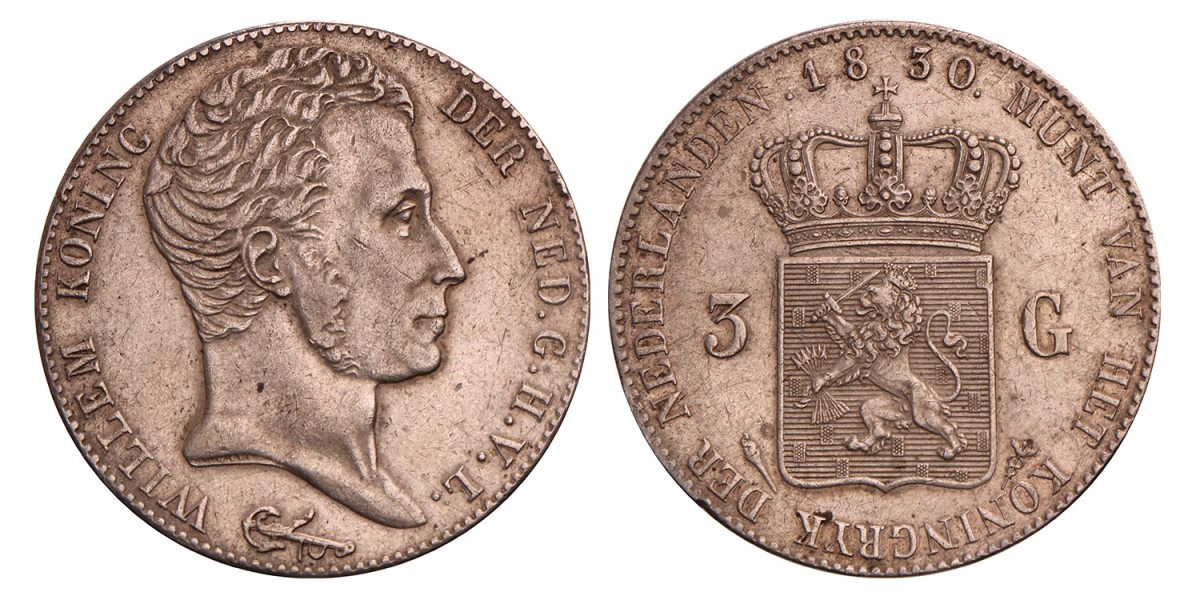3 gulden. Willem I. 1830/20. Zeer Fraai / Prachtig.