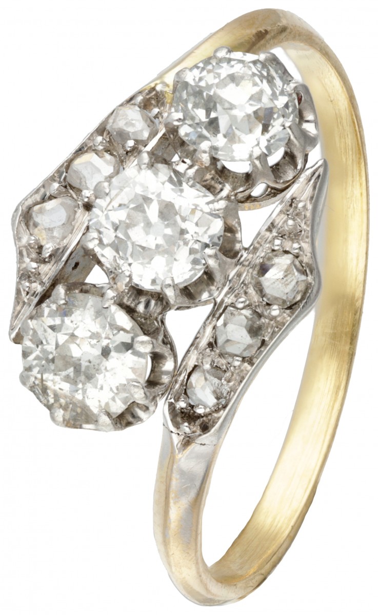 18 kt. Geelgoud en Pt 900 platina art deco ring bezet met ca. 0.99 ct. diamant.