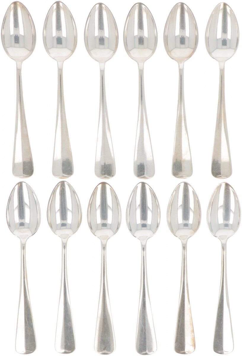 (12) delige set koffielepels "Haags Lofje" zilver.