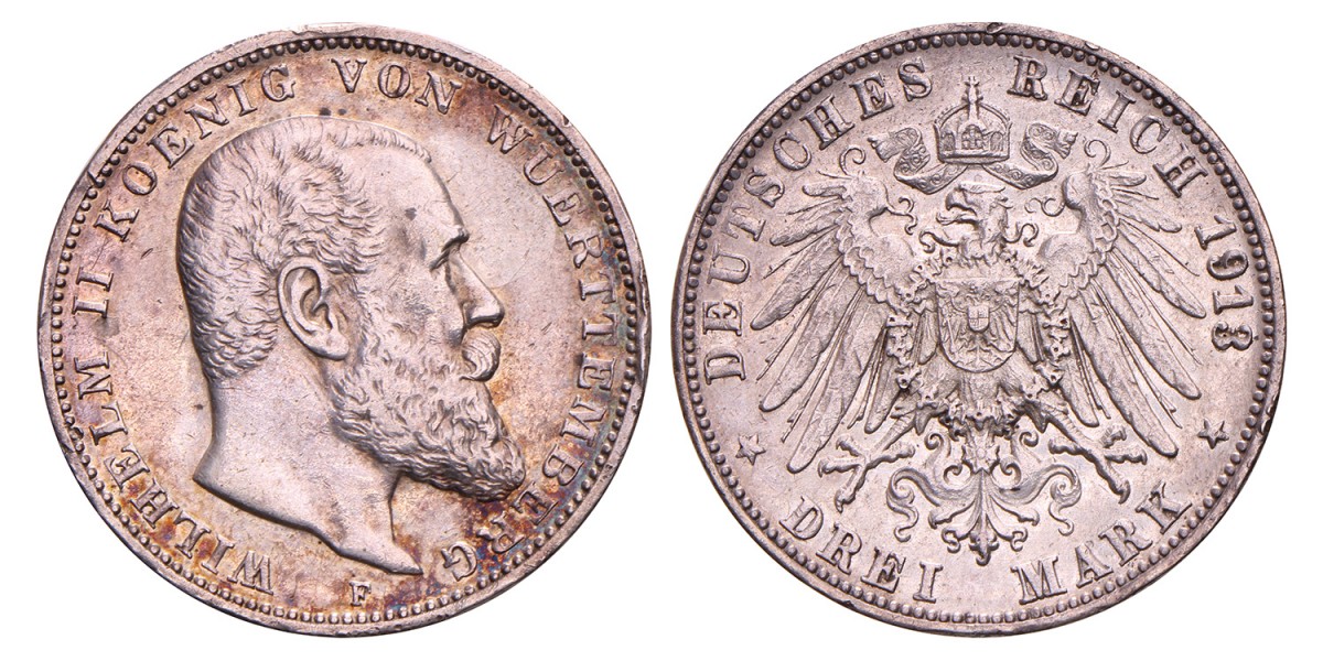 German states. Württemberg. Wilhelm II. 3 Mark. 1913 F.