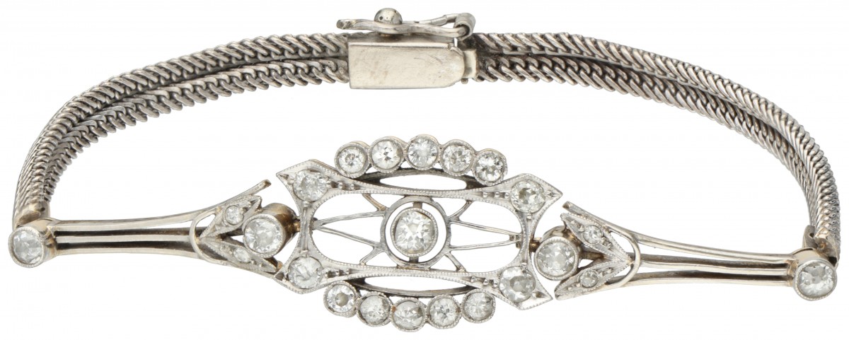 14 kt. Bicolor gouden ajour / opengewerkte art deco armband bezet met ca. 0.72 ct. diamant.