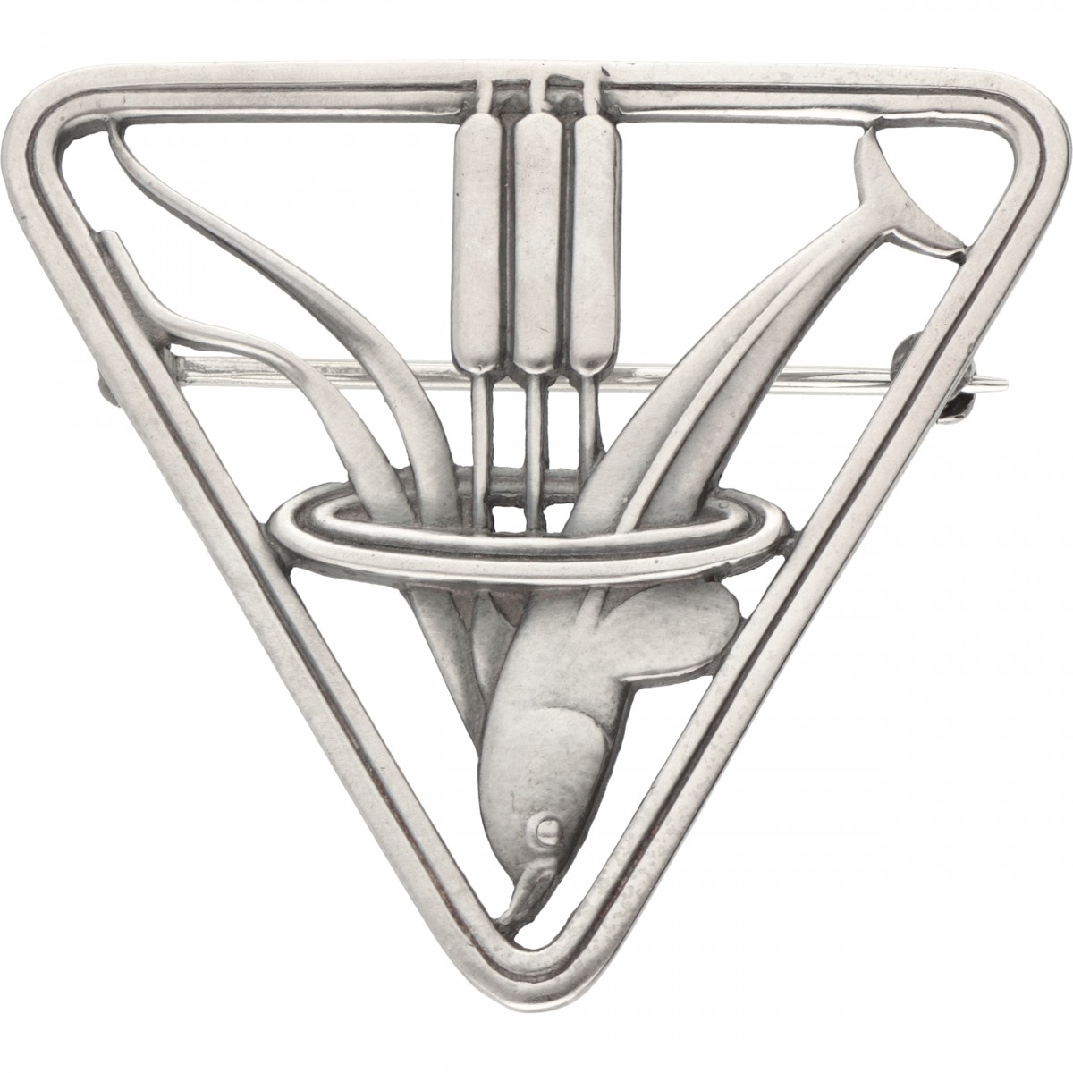 Arno Malinowski for Georg Jensen no.257 zilveren 'Dolphin and Reeds' driehoekige broche - 925/1000.