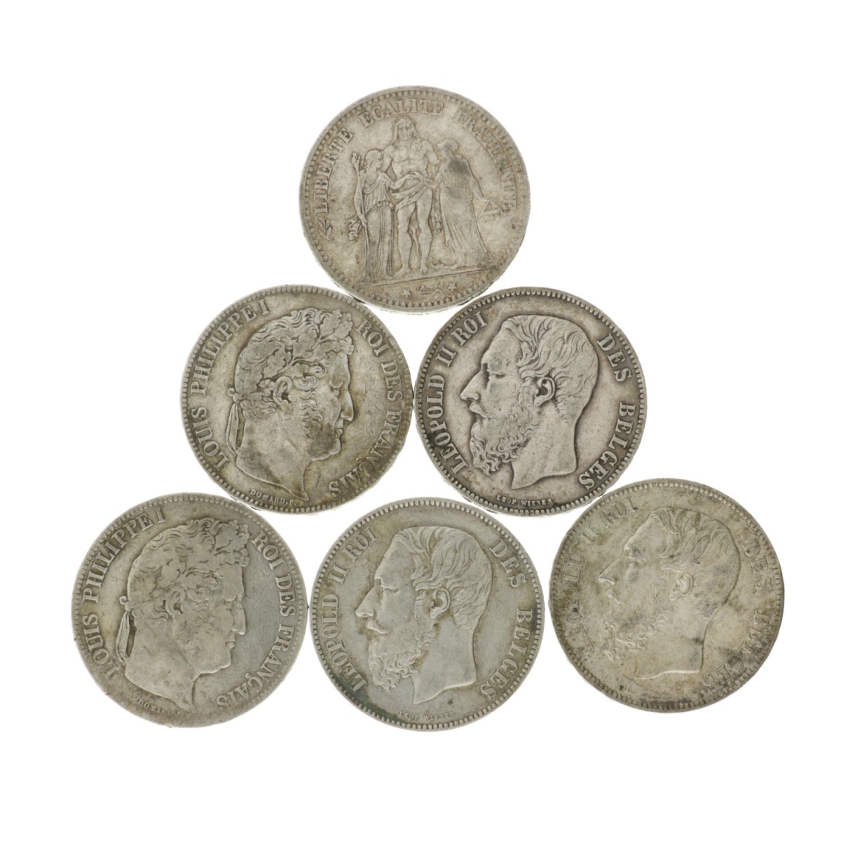 France - Belgium. Lot (6) 5 Francs. 1837 - 1875.