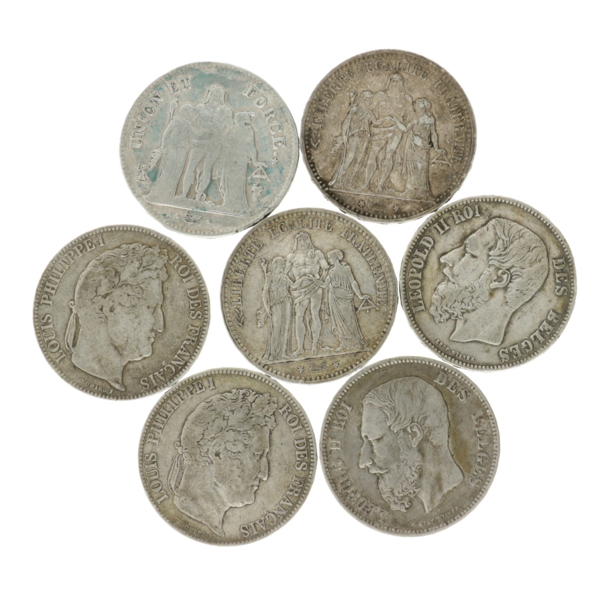 France - Belgium. Lot (7) 5 Francs. An 11, 1833 - 1875.