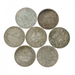 France - Belgium. Lot (7) 5 Francs. An 11, 1833 - 1875.