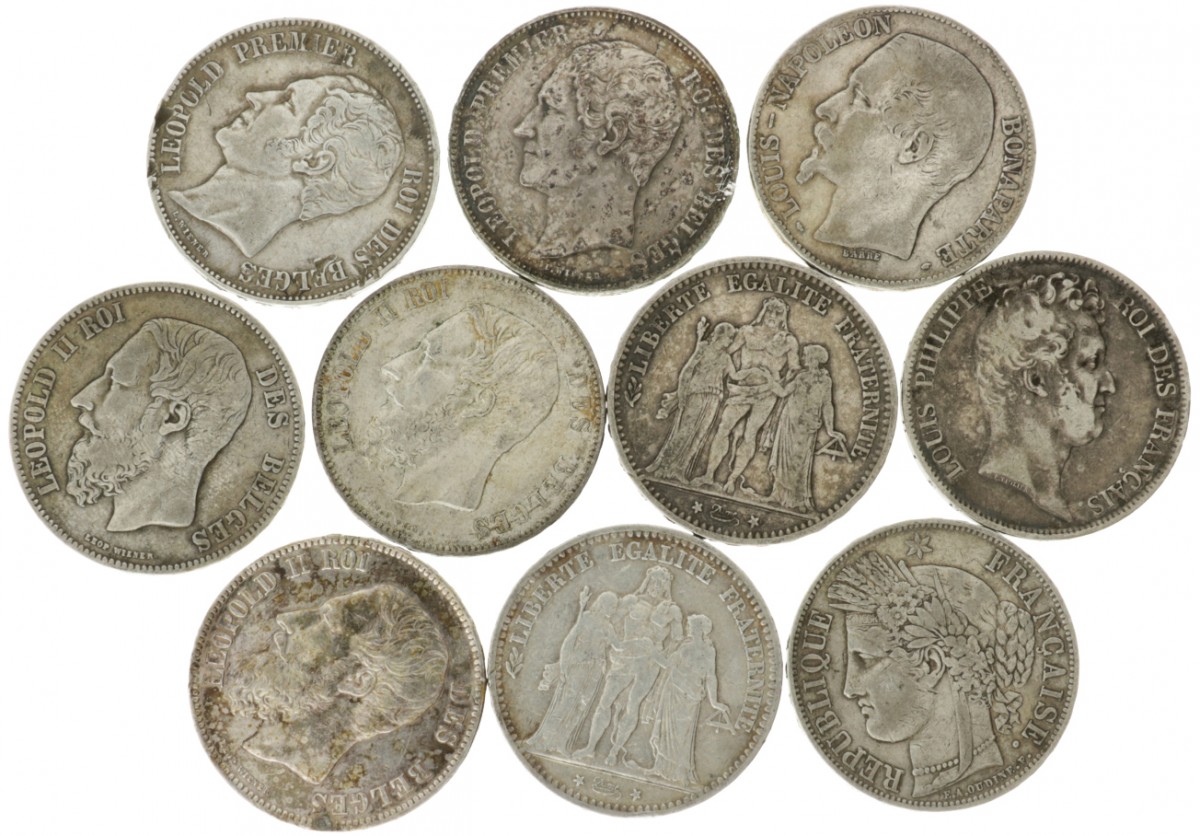 France - Belgium. Lot (10) 5 Francs. 1830 - 1874.