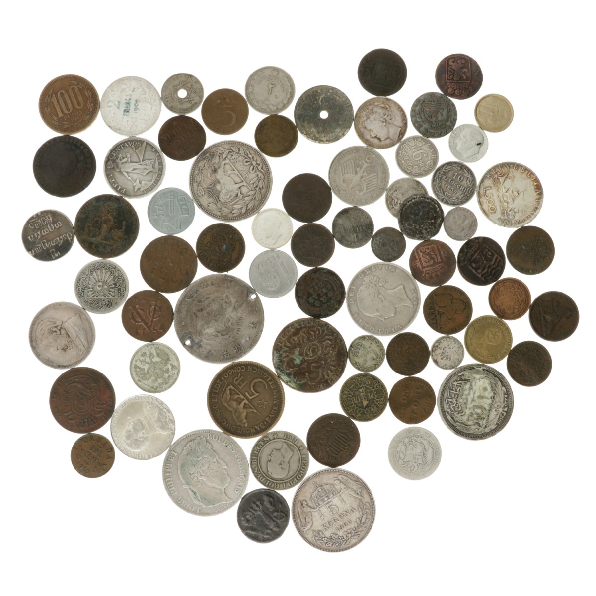 World. Lot (67) Silver and bronze coins.