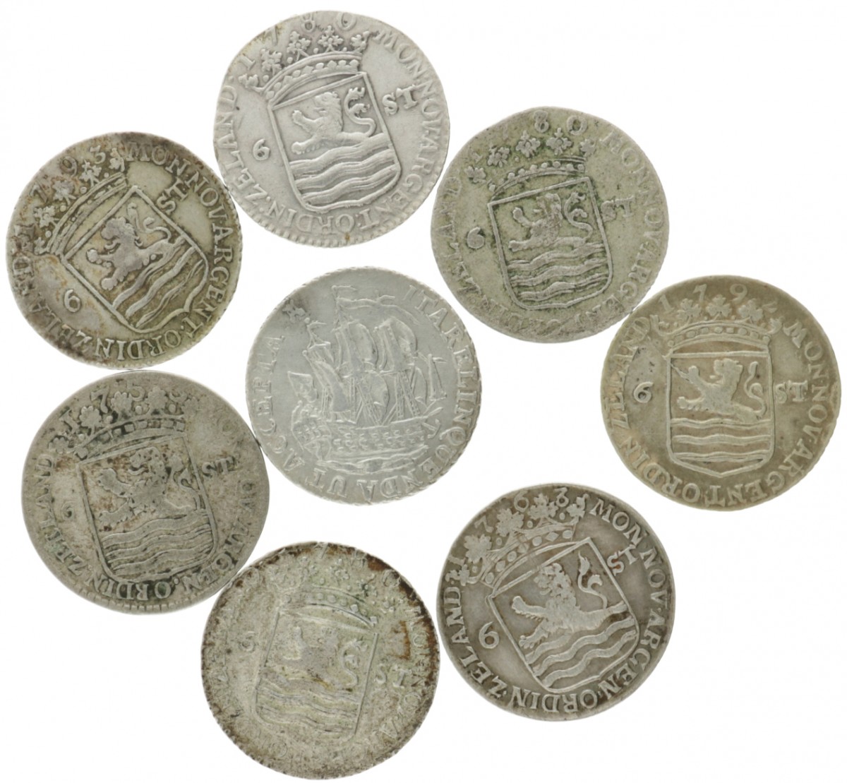 Lot (8) Scheepjesschelling van 6 Stuiver. Zeeland. 1763 - 1793. Gemiddeld Zeer Fraai.