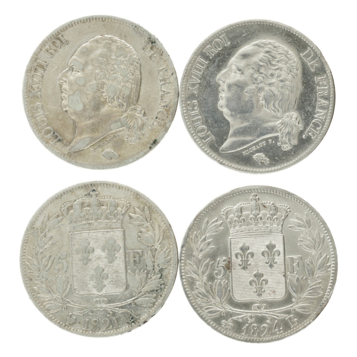 France. Louis XVIII. Lot (2) 5 Francs. 1821 - 1824.