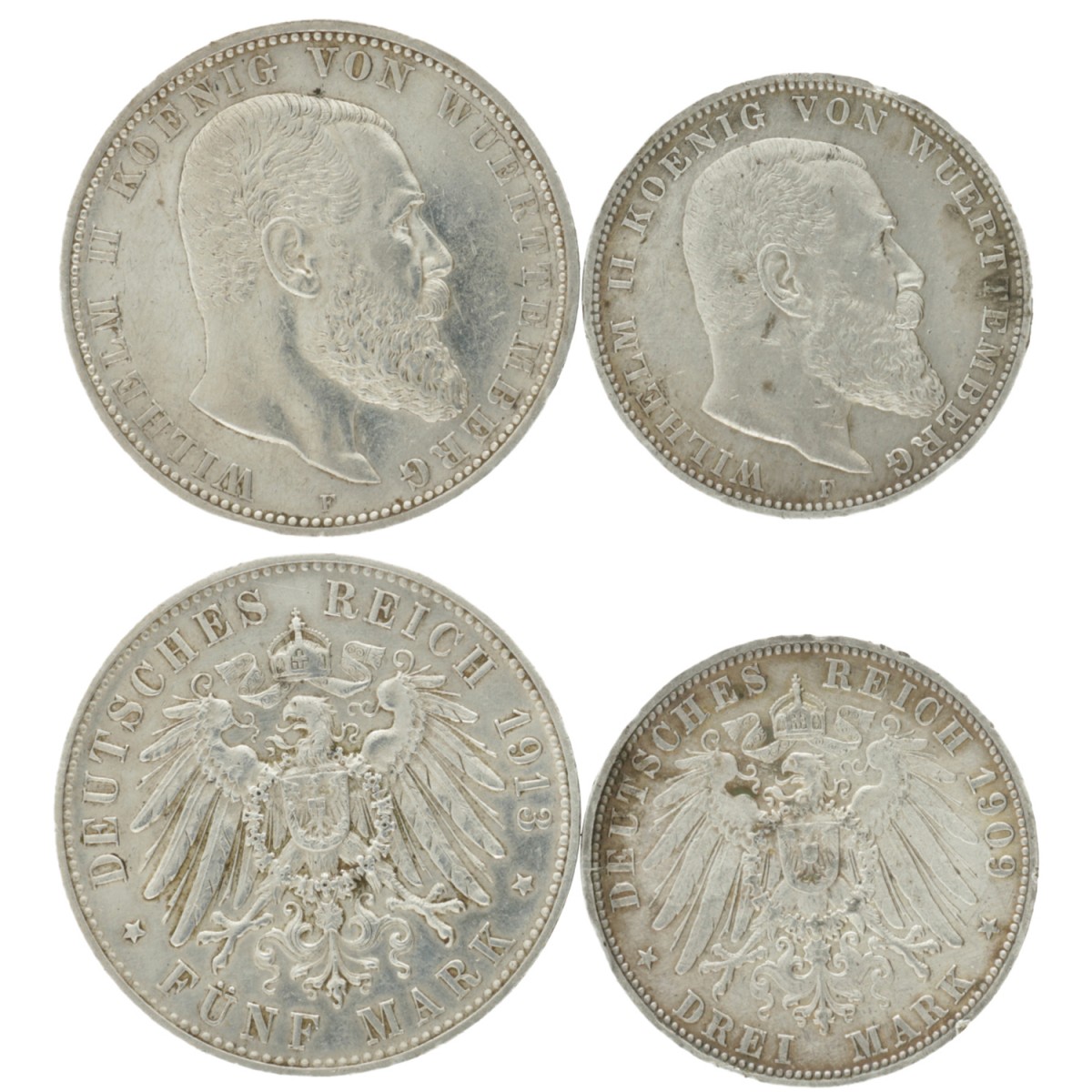 German States. Württemberg. Wilhelm II. Lot (2) 3 - 5 Mark. 1909 - 1913.