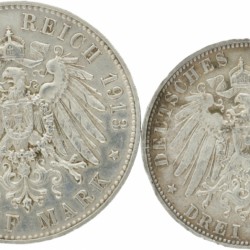 German States. Württemberg. Wilhelm II. Lot (2) 3 - 5 Mark. 1909 - 1913.