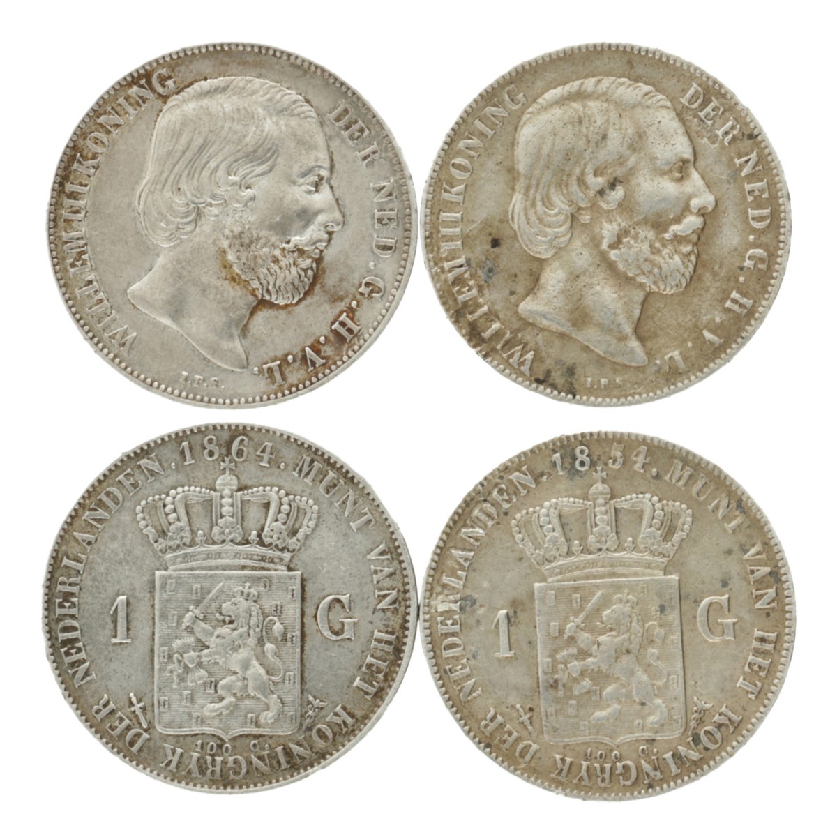 Lot (2) 1 Gulden. Willem III. 1854 - 1864. Gemiddeld Zeer Fraai.