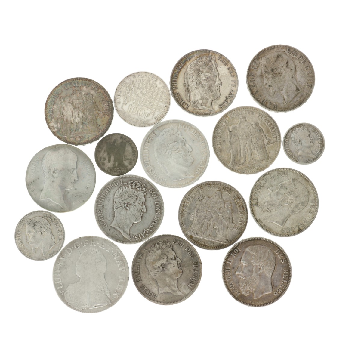 France. Lot (16) Silver Franc Coins. 1791 - 1876.