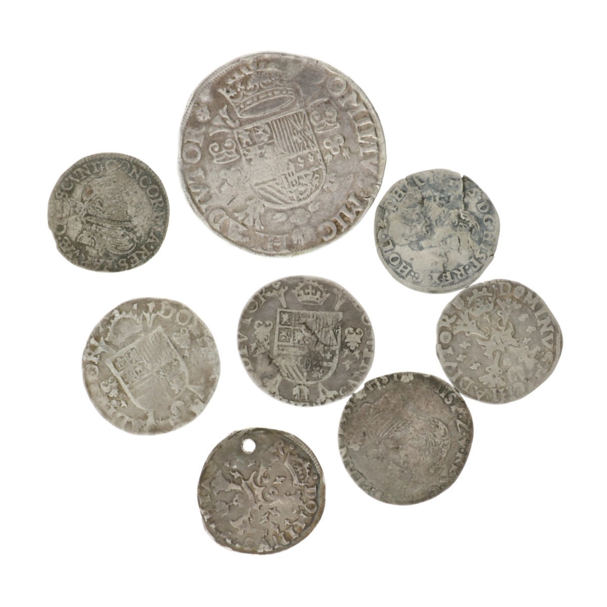 Lot (7) Tiende, vijfde en een hele Filipsdaalder. Fillips II. 16e Eeuw. Gemiddeld Zeer Fraai.