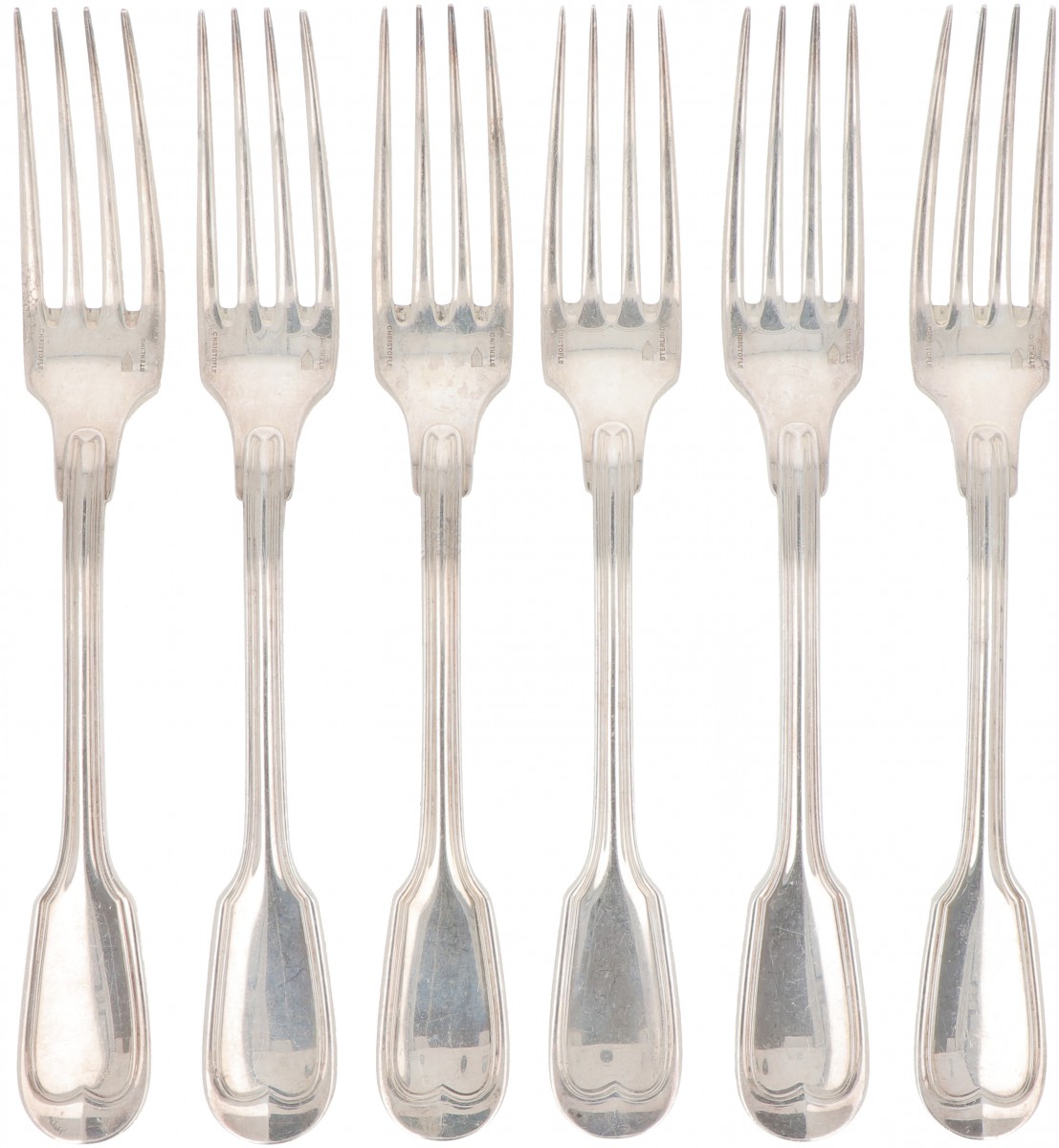 (6) delige set Christofle dinervorken model: "Chinon sterling" zilver.