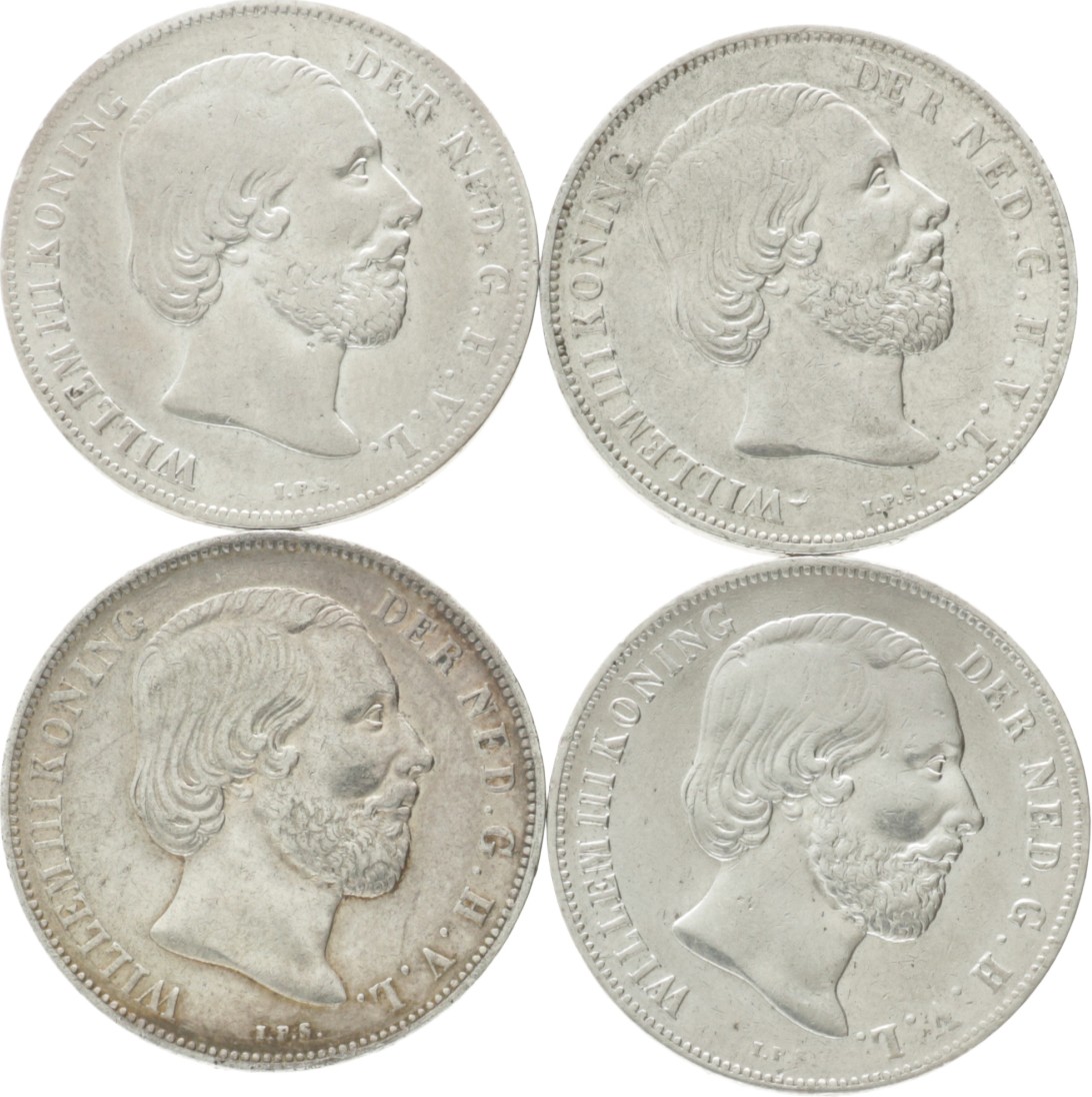 Lot (4) 1 Gulden. Willem III. 1856 - 1863. Gemiddeld Zeer Fraai.
