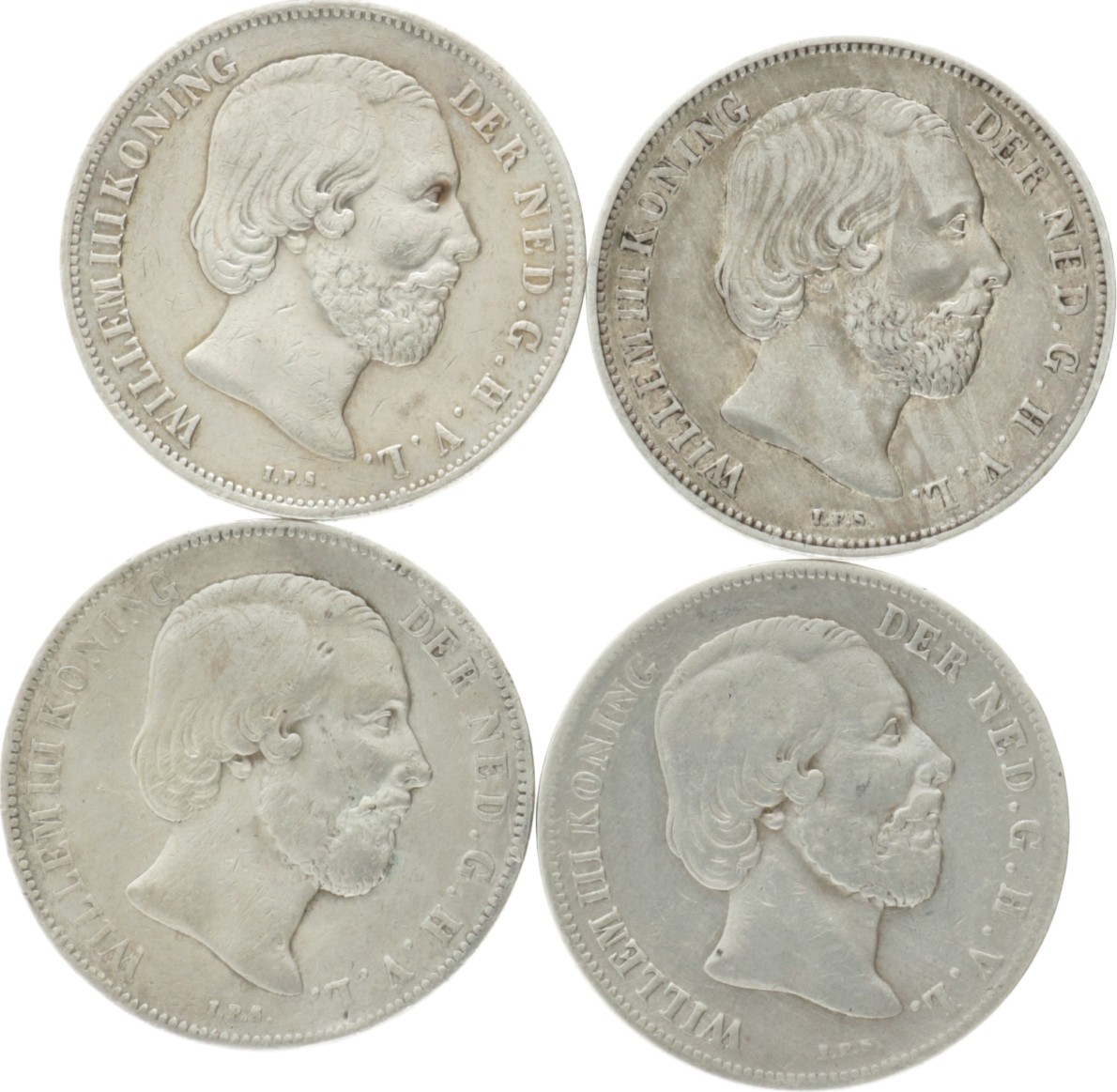 Lot (4) 1 Gulden. Willem III. 1855 - 1865. Gemiddeld Zeer Fraai.