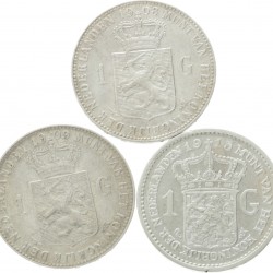 Lot (3) 1 Gulden. Wilhelmina. 1908, 1909 en 1915. Gemiddeld Zeer Fraai.