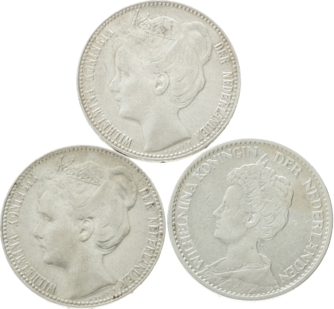 Lot (3) 1 Gulden. Wilhelmina. 1908, 1909 en 1915. Gemiddeld Zeer Fraai.