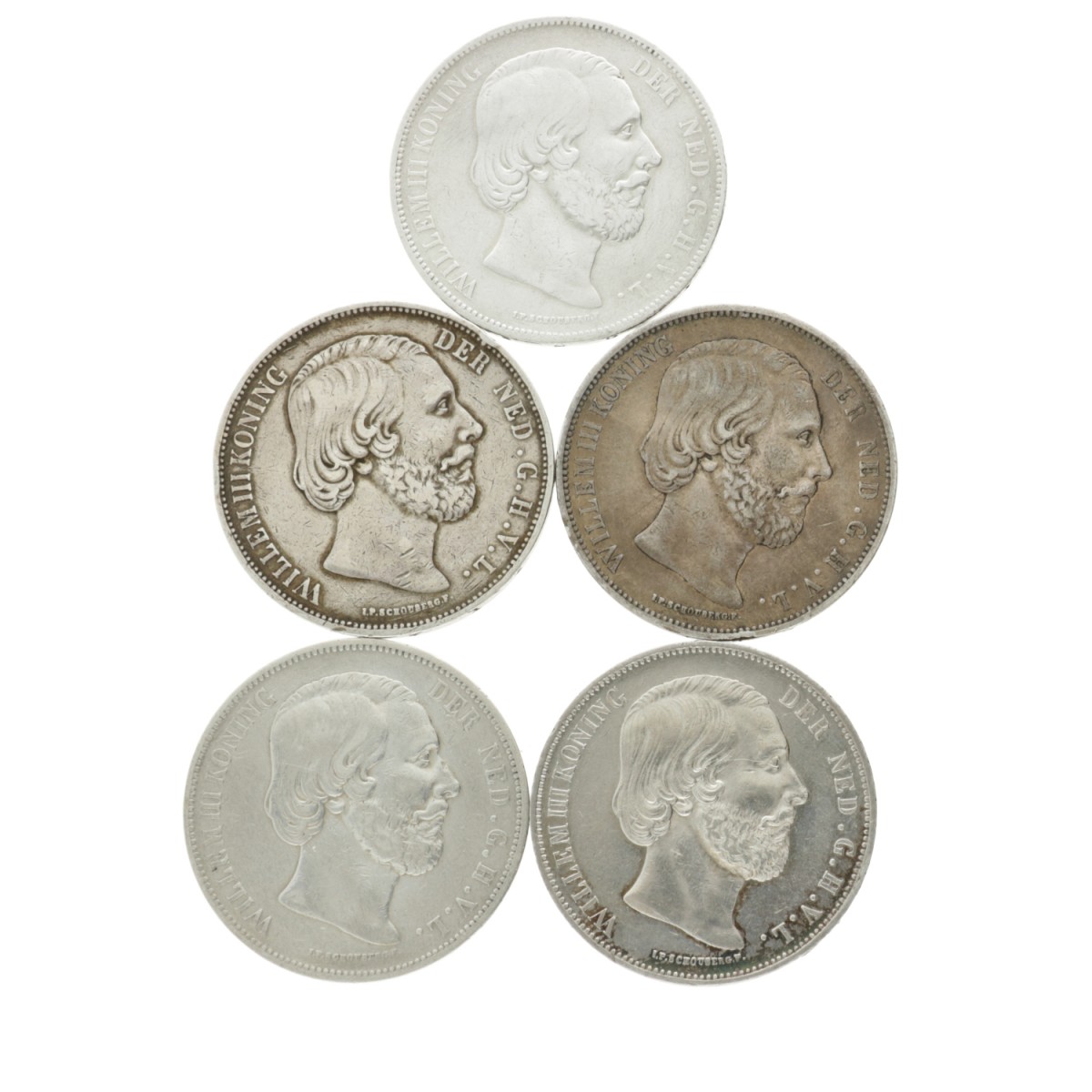 Lot (5) 2½ Gulden. Willem III. 1871 - 1874. Gemiddeld Zeer Fraai.
