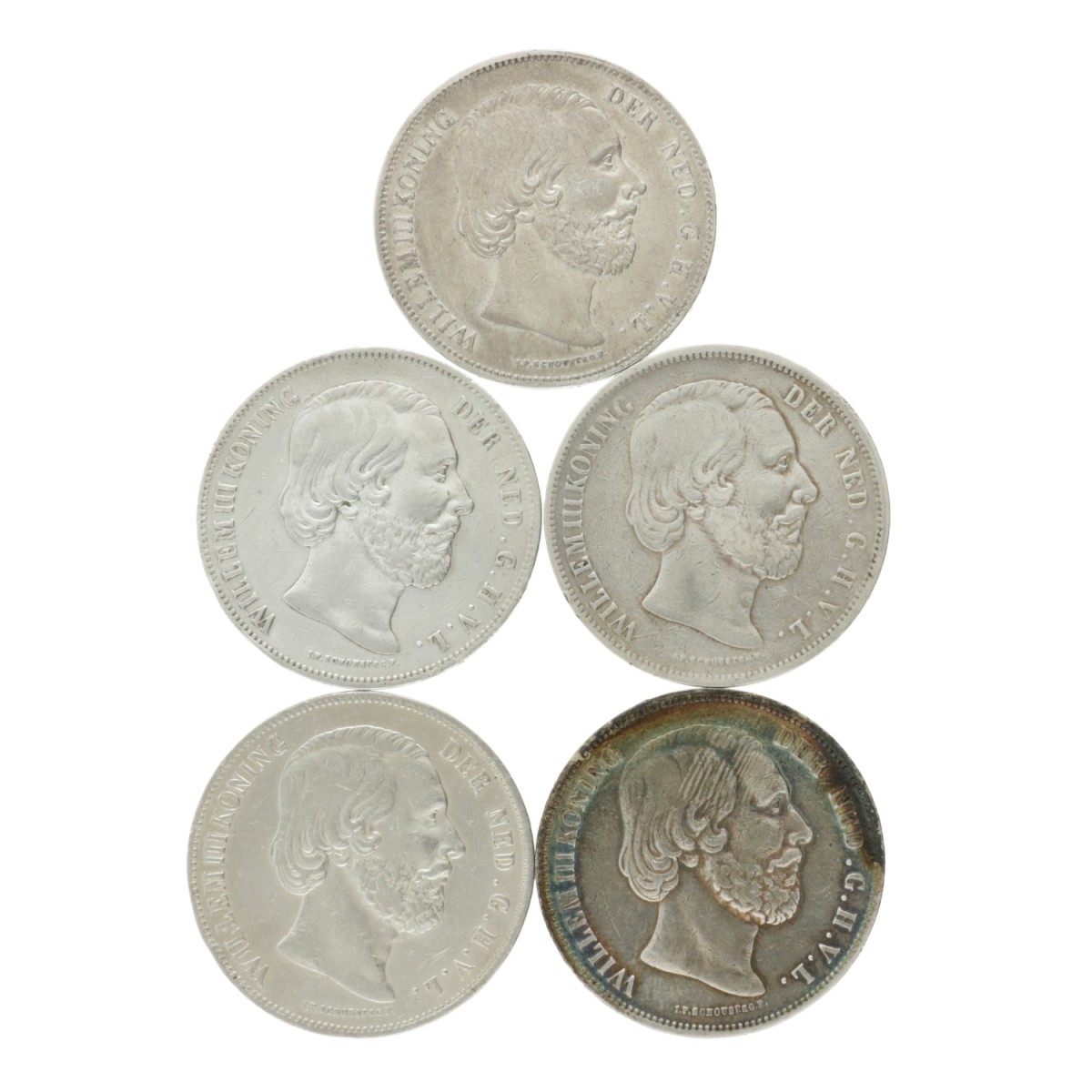 Lot (5) 2½ Gulden. Willem III. 1852 - 1859. Gemiddeld Zeer Fraai.