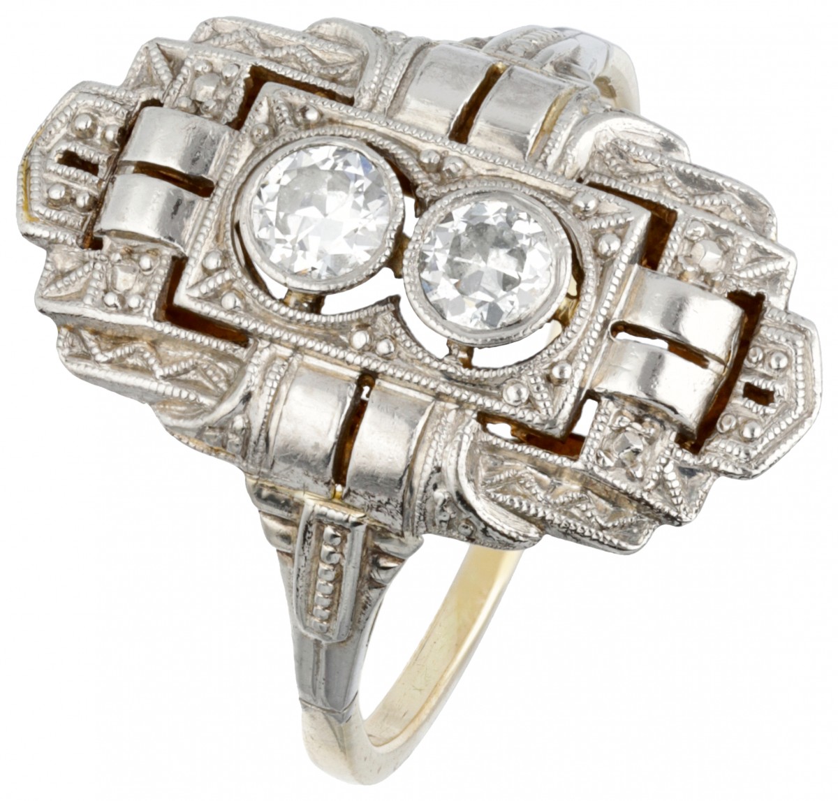 14 kt. Geelgouden en Pt 950 platina ajour / opengewerkte art deco ring bezet met ca. 0.26 ct. diamant.