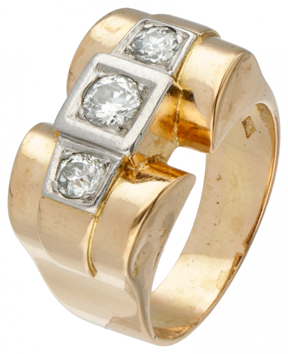 18 kt. Geelgouden en Pt 950 platina tank ring bezet met ca. 0.46 ct. diamant.