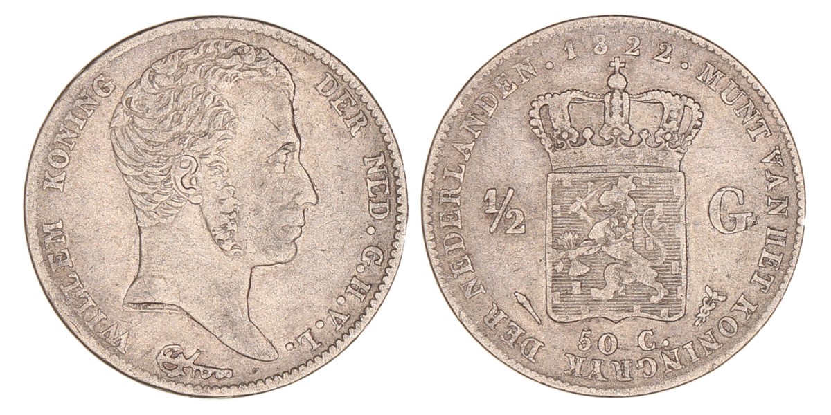 ½ Gulden. Willem I. 1822 U. Fraai / Zeer Fraai.