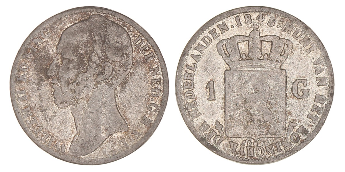 1 Gulden. Contemporaine vervalsing in lood. Willem II. 1845. Fraai / Zeer Fraai.