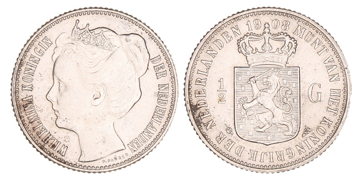 ½ Gulden. Wilhelmina. 1908. Prachtig / UNC.