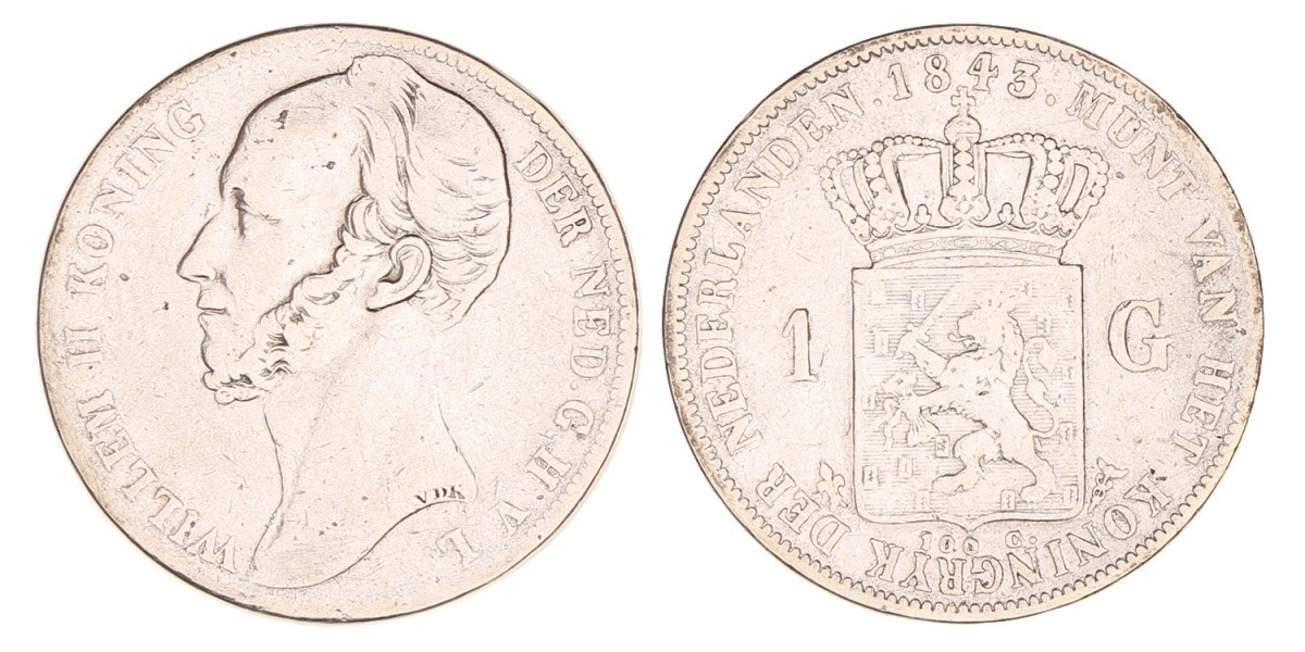 1 Gulden. Willem II. 1843. Fraai / Zeer Fraai.