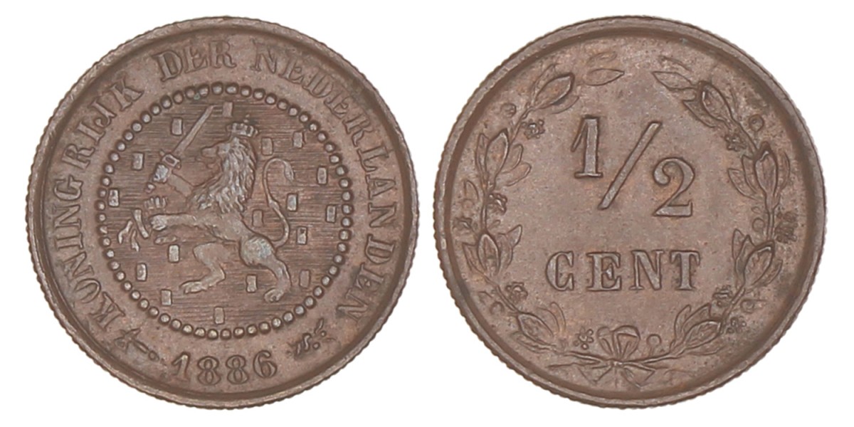 ½ Cent. Willem III. 1886. Prachtig / UNC.