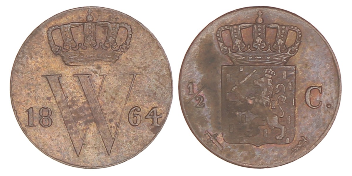 ½ Cent. Willem III. 1864. Prachtig / UNC.