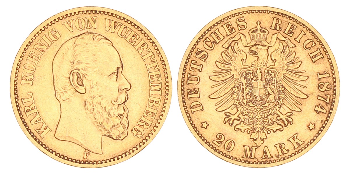 German States. Württemberg. Karl I. 20 Mark. 1874 F.