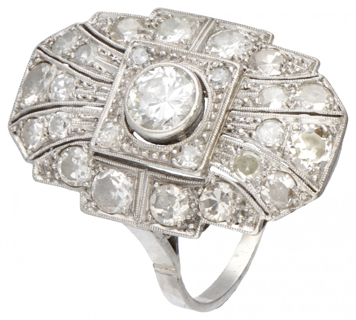 Pt 900 Platina art deco ring bezet met ca. 1.87 ct. diamant.