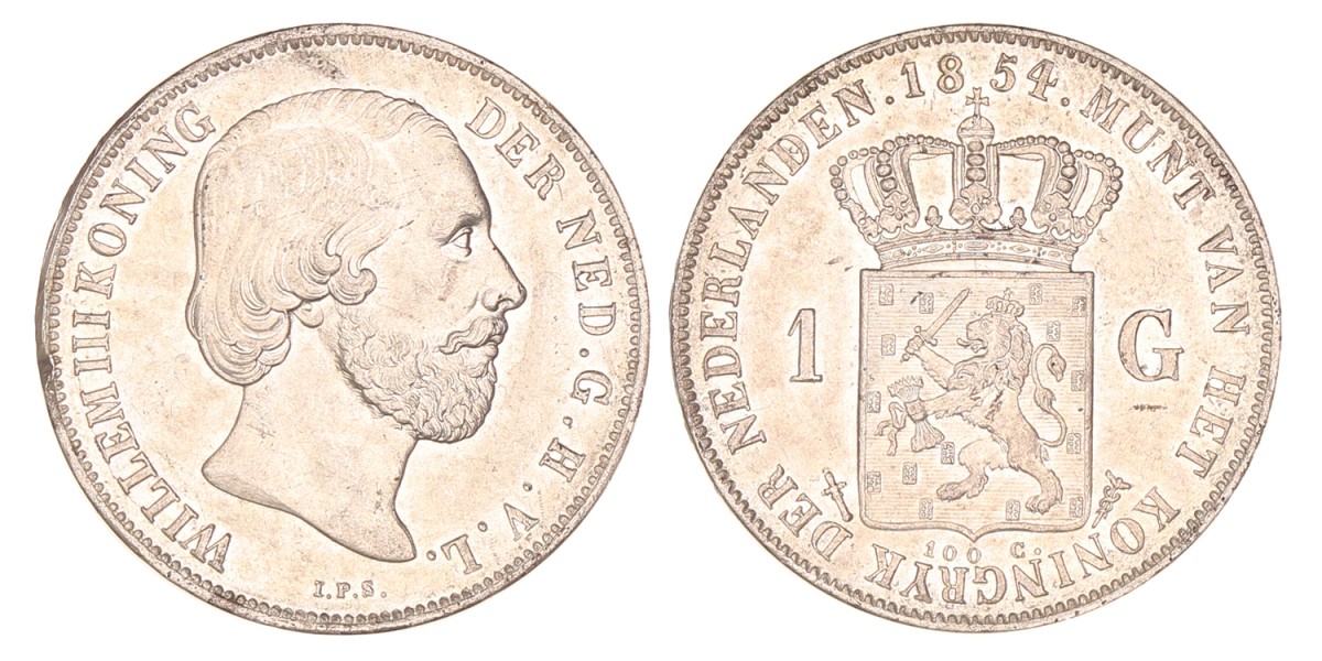 1 Gulden. Willem III. 1854. Prachtig / UNC.